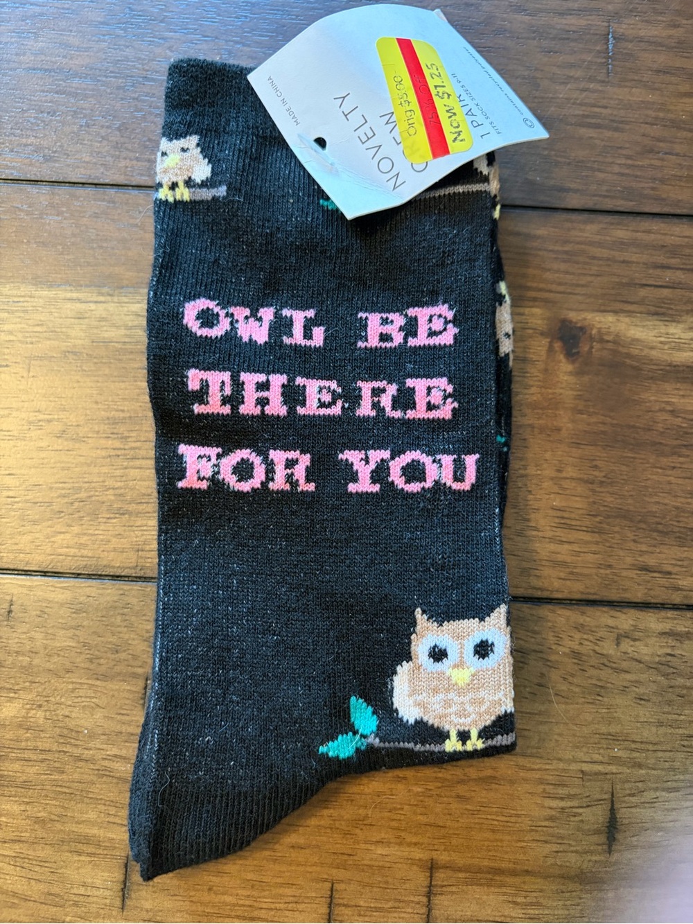 SO Women's Black Socks with Pink Text and Owl Design